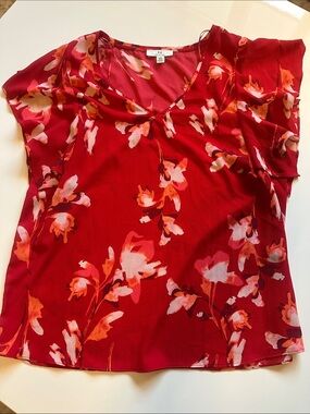 Halston Heritage Red Floral V-Neck Blouse with Pink & Orange Blooms